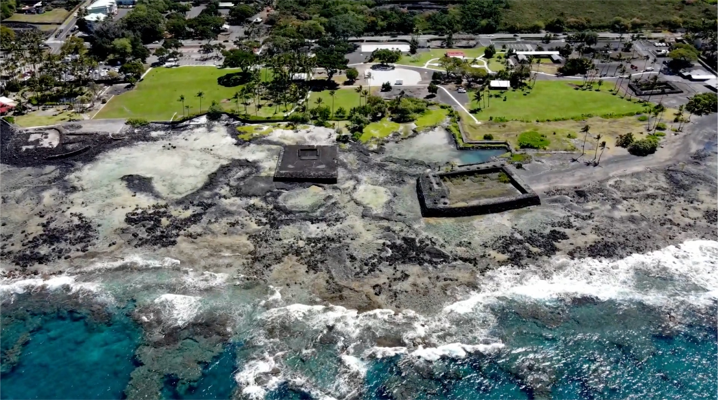 Keauhou Bay shoreline of Kamehameha School properties of heiau and pond